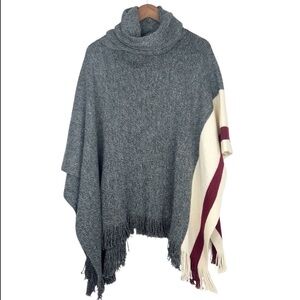 DKR Cottage Collection Knitted Grey Ivory & Red  Cowl Neck Fringe Hem Poncho OS